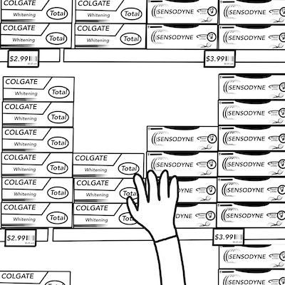 Image of Anthony grabbing the cheapest toothpaste he can find