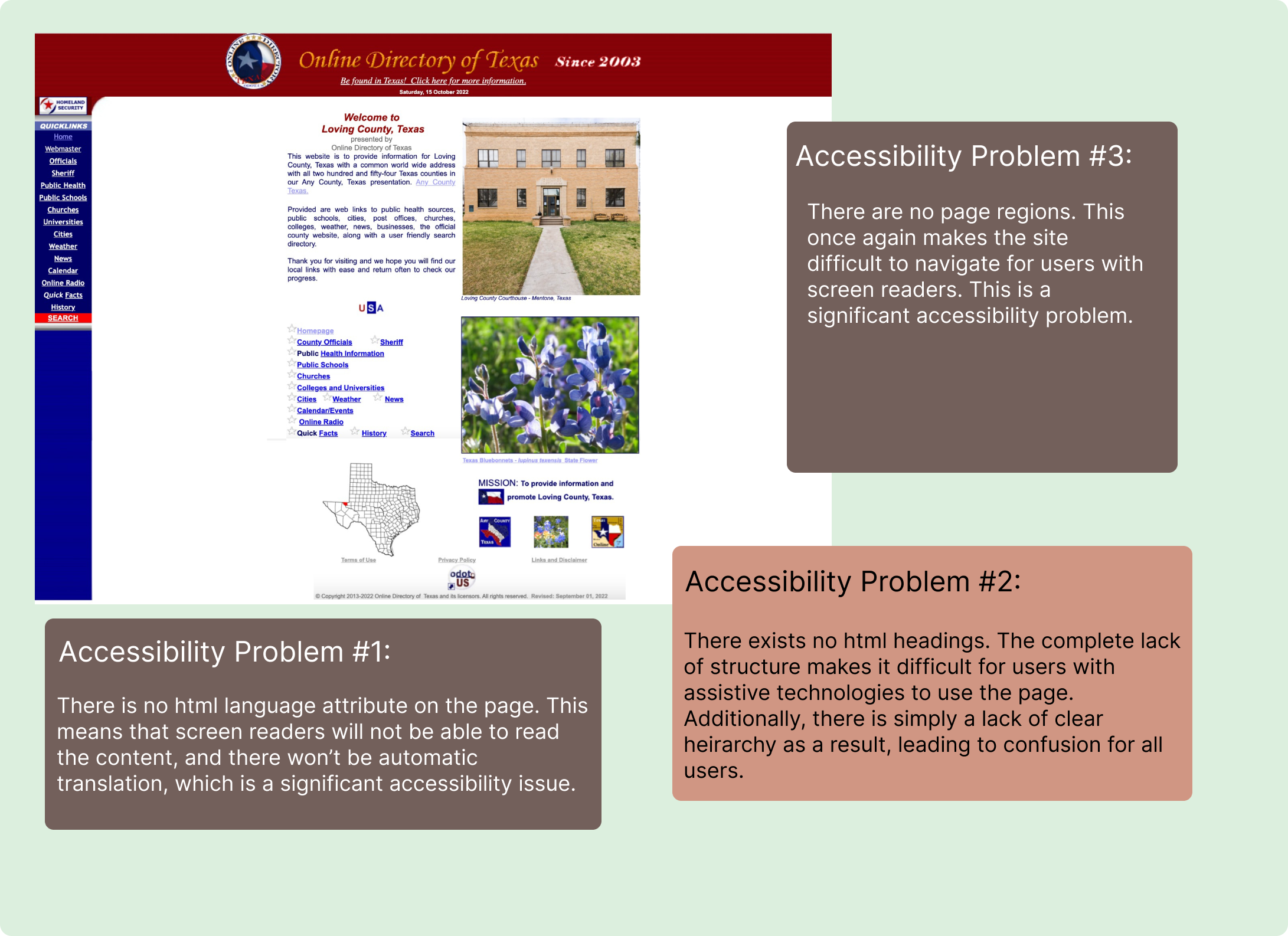 image showing accessability issues: 1) no HTML language attribute on page 2) No HTML headings 3) No page regions