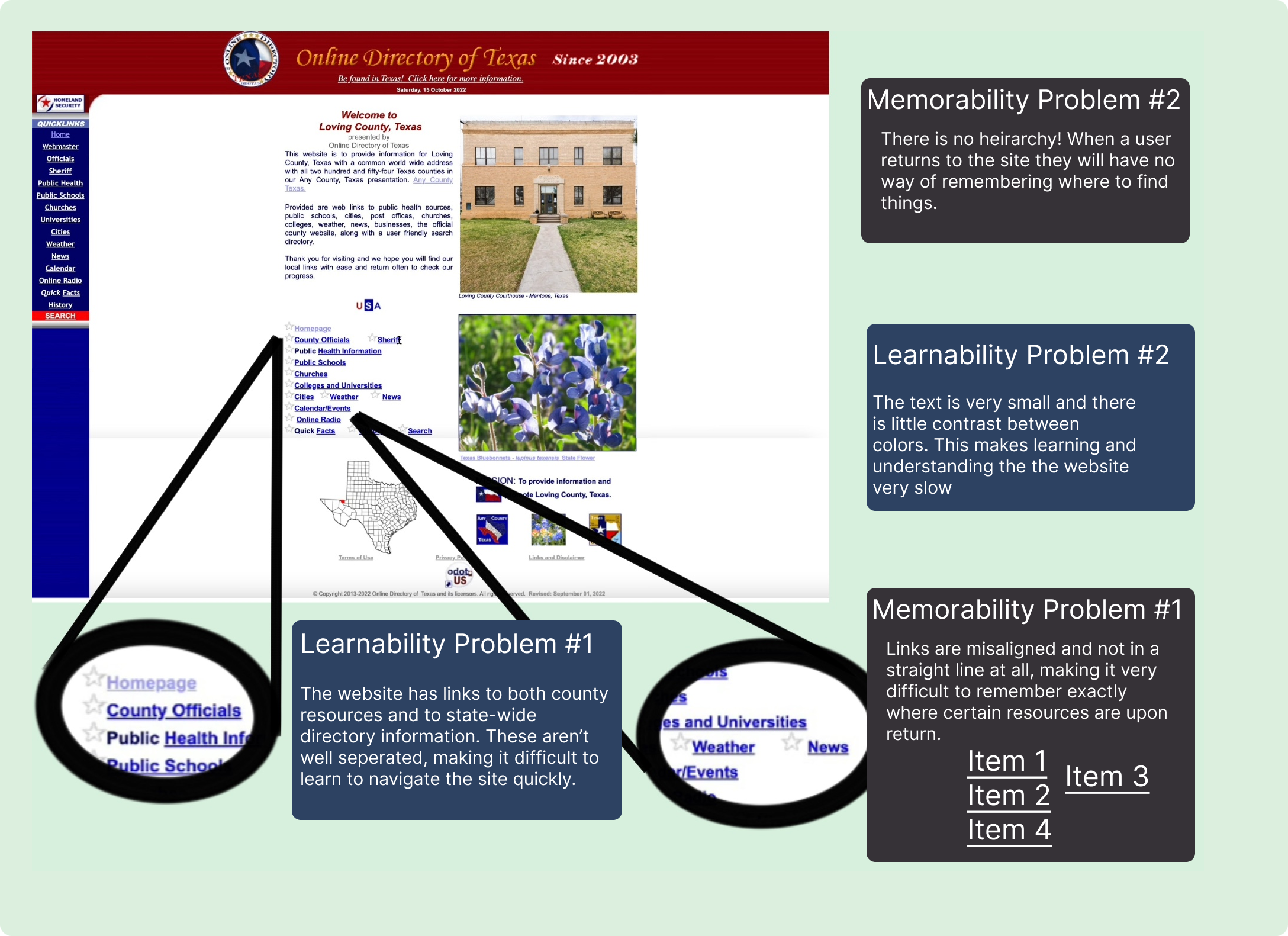 image showing learnability issues: 1) links to county and state resources aren't obviously seperated 2) links are misaligned 3) text is very small and there is little contrast 4) there is no heirarchy