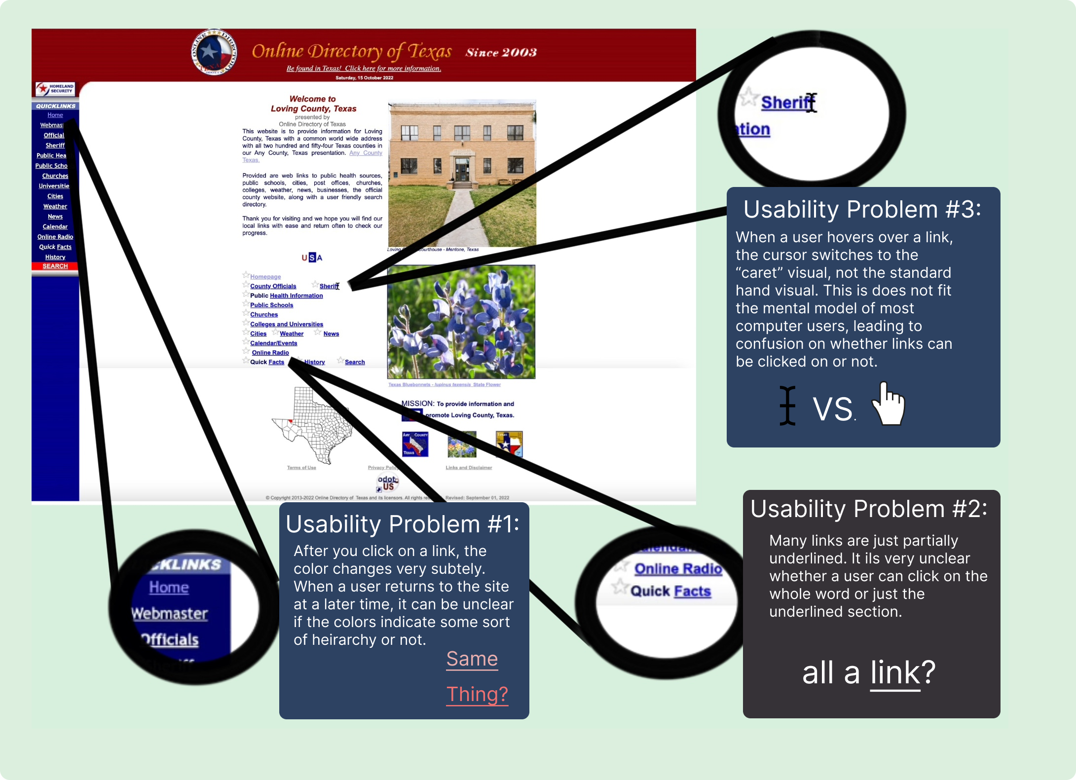 image showing usability issues: 1) color changes subtly when a link is pressed 2) links are only partially underlined 3) cursor doesn't change on hover